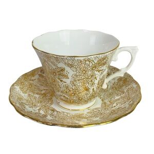 Colclough Bone China Gold Floral Chintz Scalloped Rim Teacup And Saucer